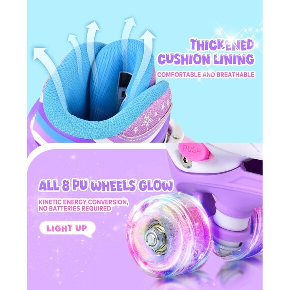 Kids Purple Rainbow Adjustable Light Up Roller Skates With Fluffy Pom Poms - Picture 5 of 9